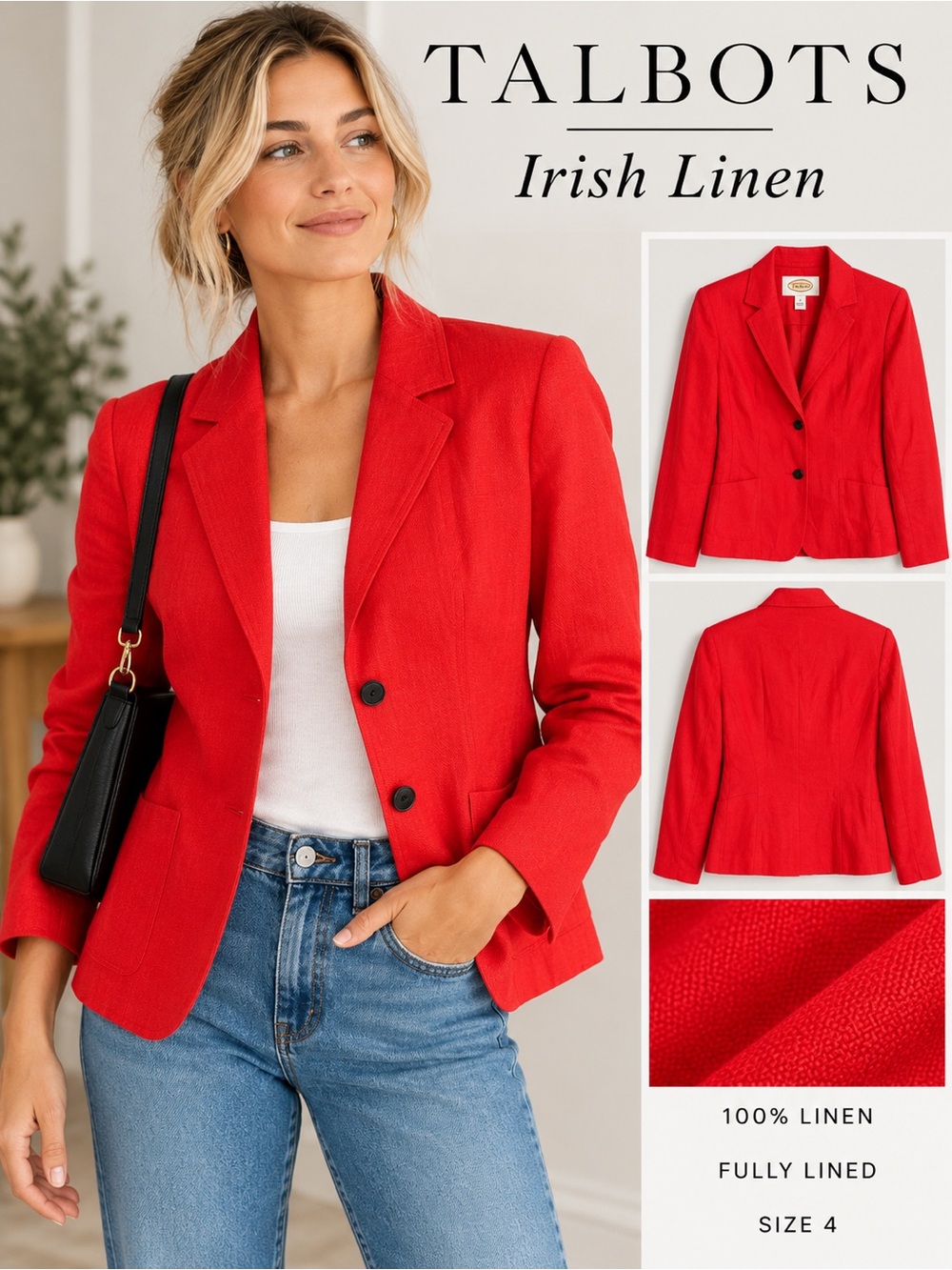 Talbots Irish Linen True Red Blazer Jacket Size 4